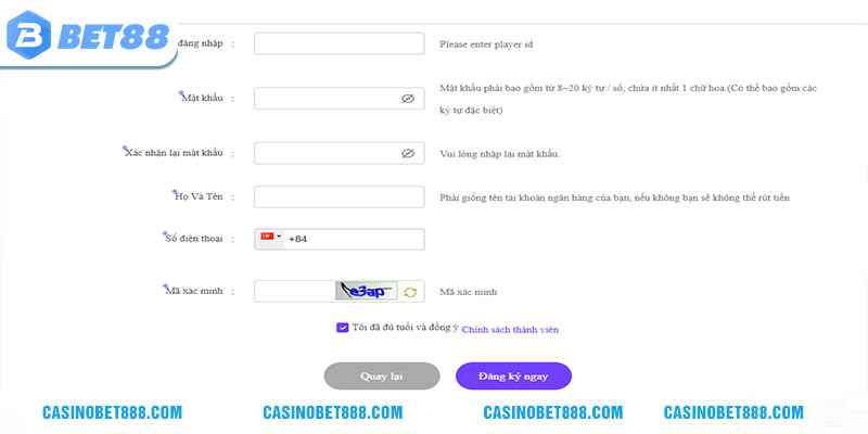Các bước đăng ký tài khoản BET88